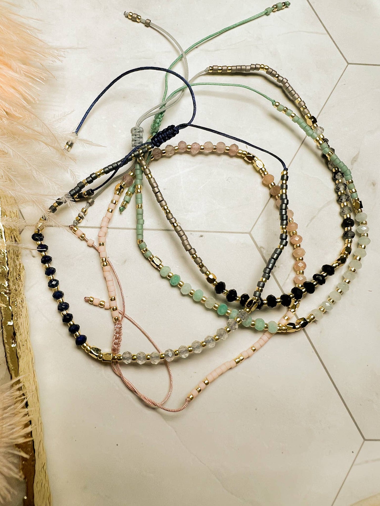 Lulu: Gemstone and Seed Bead Thread Bracelet - Adjustable: Aquamarine/Turquoise