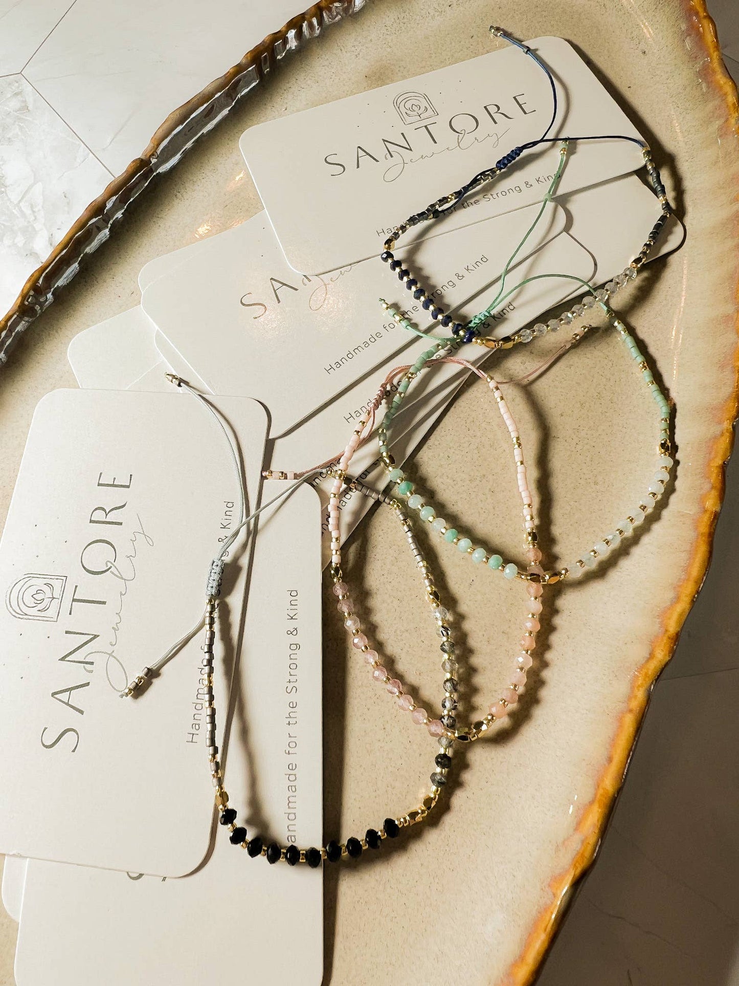 Lulu: Gemstone and Seed Bead Thread Bracelet - Adjustable: Black Spinel/Rutilated Quartz